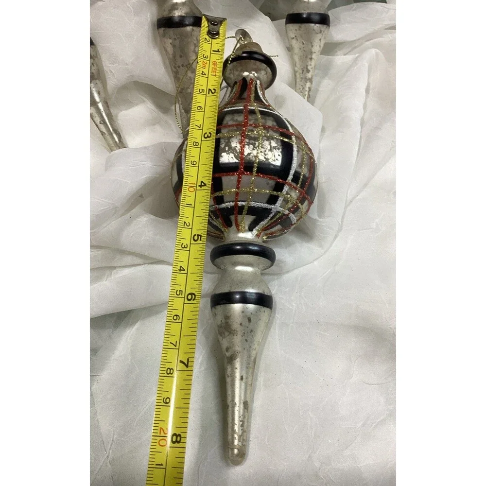 Mercury Glass Finial Christmas Plaid Ornaments X4 Black, Red, Gold & Silver 9